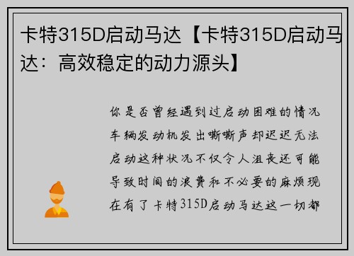 卡特315D启动马达【卡特315D启动马达：高效稳定的动力源头】